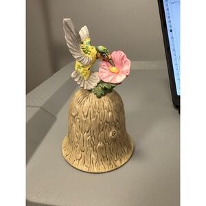 Towle Fine Bone China Bell – Hummingbird & Pink Hibiscus on Tree Stump